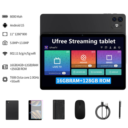 Ufree Streaming tablet M60 11-inch tablet with a keyboard, mouse, protective case, stylus, octa-core processor, 8000mAh battery, IPS high-definition display, and supports WiFi 5G dual-band Android 15 operating system