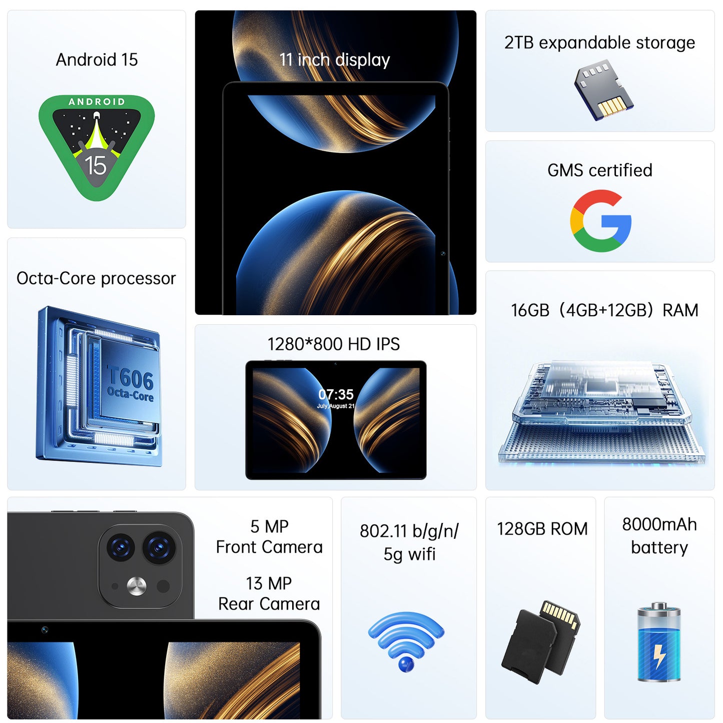 Ufree Streaming tablet M60 11-inch tablet with a keyboard, mouse, protective case, stylus, octa-core processor, 8000mAh battery, IPS high-definition display, and supports WiFi 5G dual-band Android 15 operating system