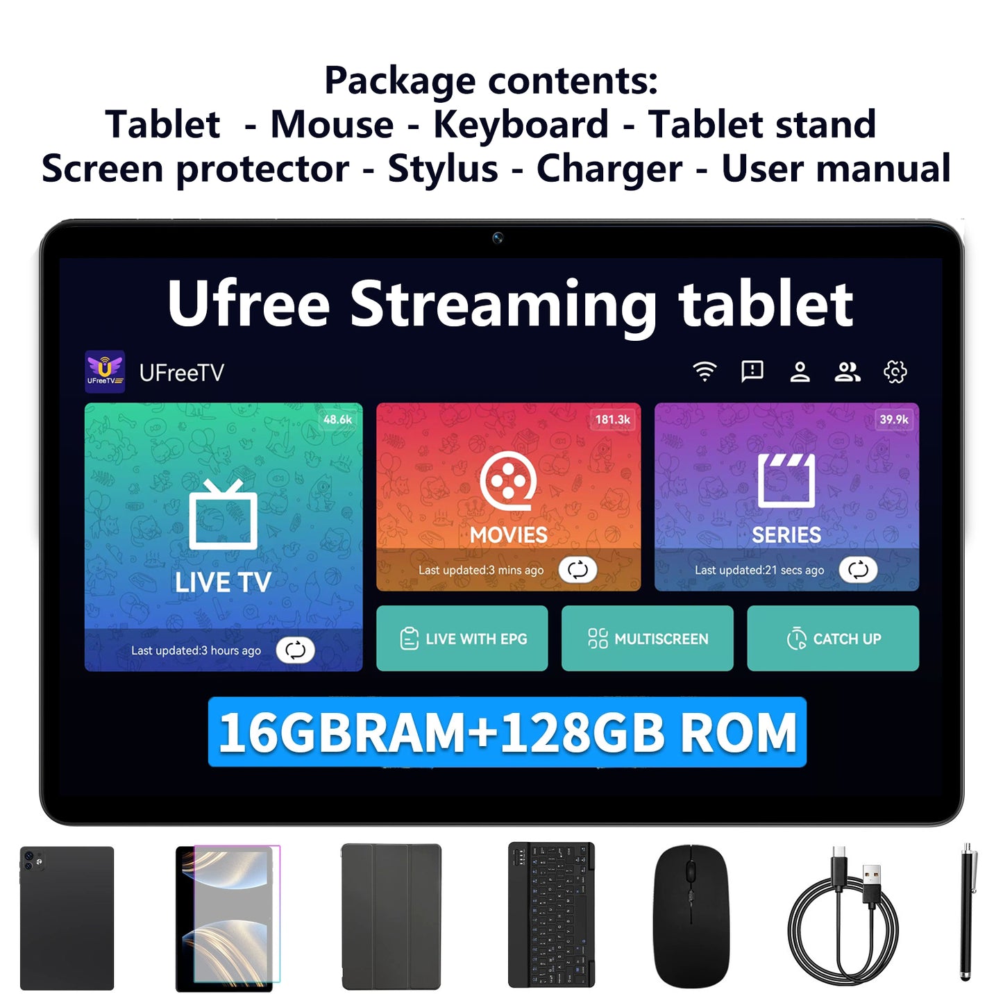 Ufree Streaming tablet M60 11-inch  tablet  with a keyboard, mouse, protective case, stylus, octa-core processor, 8000mAh battery,  IPS high-definition display, and supports WiFi 5G dual-band  Android 15 operating system