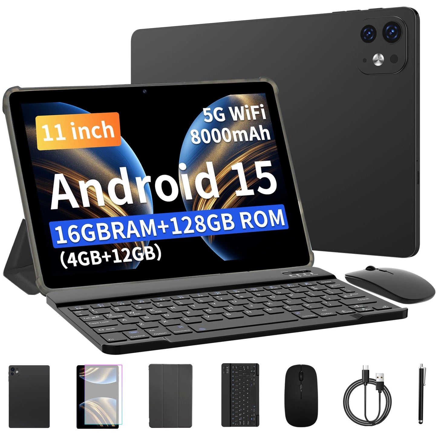 Ufree Streaming tablet M60 11-inch  tablet  with a keyboard, mouse, protective case, stylus, octa-core processor, 8000mAh battery,  IPS high-definition display, and supports WiFi 5G dual-band  Android 15 operating system