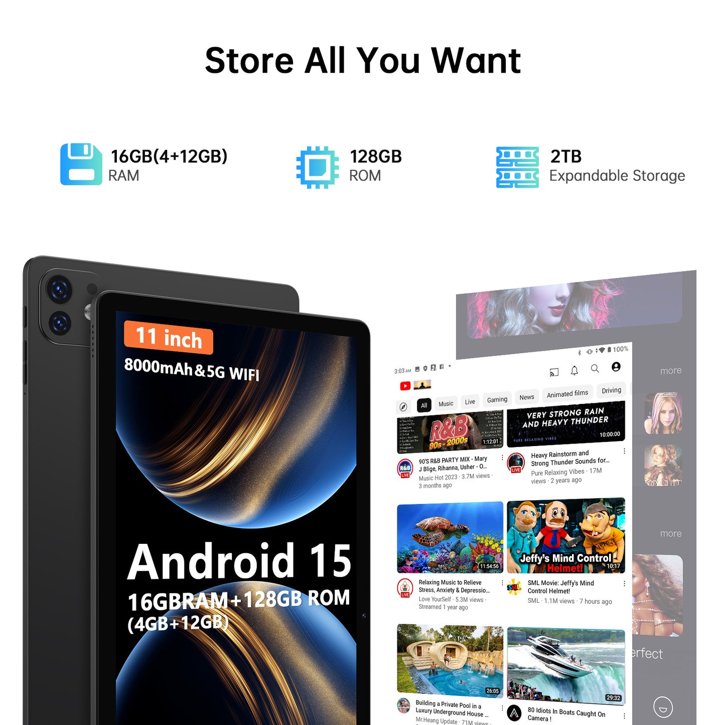 Ufree Streaming tablet M60 11-inch  tablet  with a keyboard, mouse, protective case, stylus, octa-core processor, 8000mAh battery,  IPS high-definition display, and supports WiFi 5G dual-band  Android 15 operating system